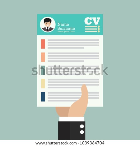 Hand holding CV application paper sheet. Flat style vector Illustration