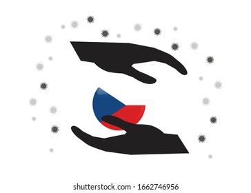 Mano portando la bandera de la República Checa en símbolo de ciclo, Proteger al pueblo jordano del coronavirus o el concepto COVID-19, Salvar a la República Checa, símbolo de fondo, ilustración vectorial. 