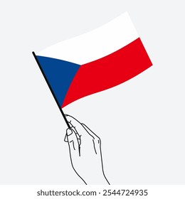 Hand holding Czechia flag in line art drawing style. Czechia hand Flag waving. Vector illustration