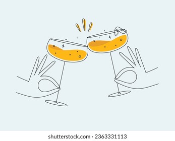 Hand holding daiquiri cocktails clinking glasses drawing in flat line style on light background