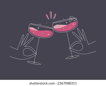 Hand holding daiquiri cocktails clinking glasses drawing in flat line style on dark blue background