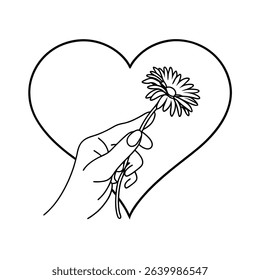 A hand holding a daisy flower inside a heart line art symbol of love and care
