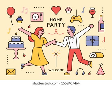 Hand Holding Dancing Couple And Home Party Object Icon Set. Invitation Card Concept. Flat Design Style Minimal Vector Illustration.