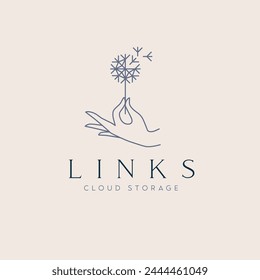 Hand holding dandelion and lettering links cloud storage drawing in linear style on beige background