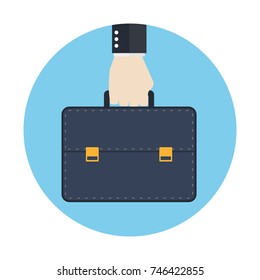 Hand holding dark blue briefcase. Hand briefcase vector eps10.