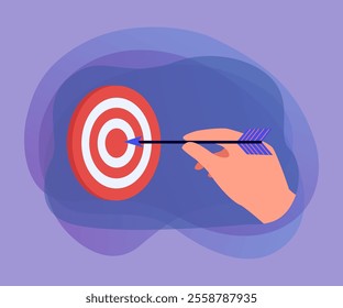 Hand holding dart close to target. Person with idea, goal or aim flat vector illustration. Motivation, marketing, challenge, success concept for banner, website design or landing web page