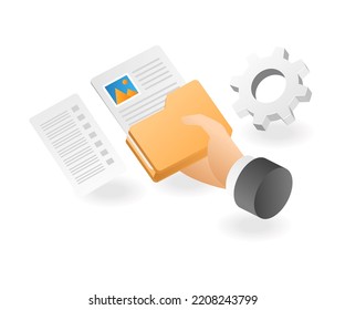 Hand holding data folder in isometric flat illustration