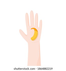 Hand holding deaf aid. International Deaf Day. Audiologist tool. Hearing loss problem. Behind the ear receiver vector illustration. Colorful medical device.