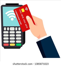 Hand holding debit or credit card, waving it over electronic terminal or reader and paying or purchasing. Contactless payment system or technology. Colorful modern vector illustration in flat style.