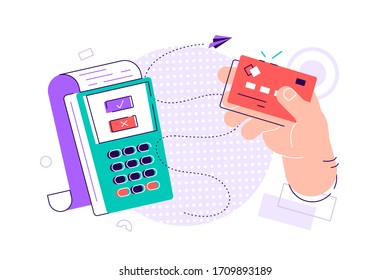 Hand holding debit or credit card, waving it over electronic terminal or reader and paying or purchasing. Contactless payment system or technology. Colorful modern vector illustration in flat style.