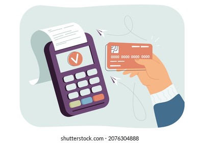 Hand holding debit or credit card near scanner of electronic terminal and making purchase. Smart transaction via digital machine flat vector illustration. Contactless payment, EMV, commerce concept