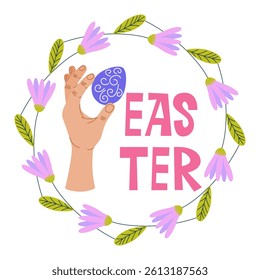 Hand holding decorated Easter egg inside floral wreath or frame with pink EASTER text. Flat vector illustration. Easter celebration. Design for postcard, greeting card, banner