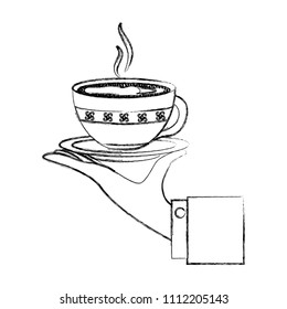 hand holding decorative flower hot coffee cup on dish