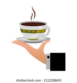 hand holding decorative flower hot coffee cup on dish