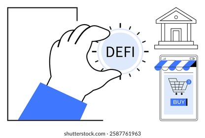 Hand holding DEFI coin concept. Ideal for cryptocurrency, blockchain technology, decentralized finance, online shopping, investments. Vector style with blue, white, black colours. Clear and modern