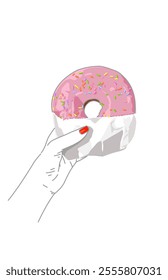 Hand holding a delicious donuts with strawberry glaze sprinkled with colorful chocolate sprinkles 