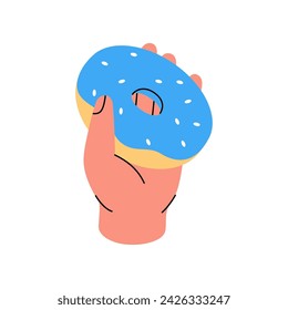 Hand holding delicious doughnut. Bakery sweet pastry food. Vector illustration.