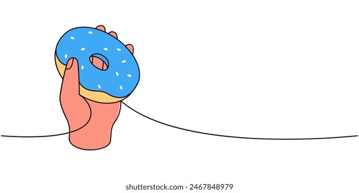 Hand holding delicious doughnut one line colored continuous drawing. Bakery sweet pastry food. Vector linear illustration.