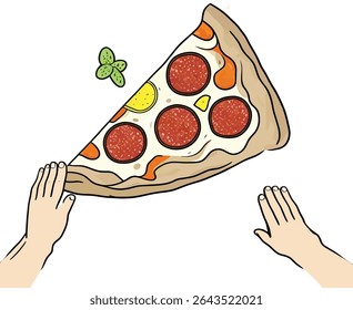 Hand holding delicious Italian pepperoni pizza with fresh red tomatoes and melted cheese (Vector)	
