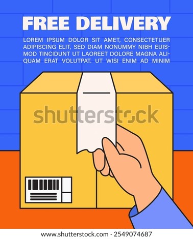 Hand Holding Delivery Receipt on a Box banner design for promotional delivery event in cartoon colorful retro vintage hand drawn vector illustration