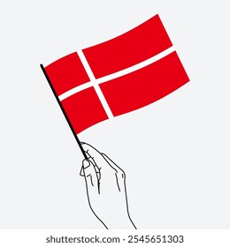 Hand holding Denmark flag in line art drawing style. Denmark hand Flag waving. Vector illustration