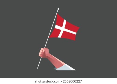 A hand holding a Denmark flag, Flag of Denmark national country symbol illustration Vector, Rectangle Denmark flag illustration, Flat vector illustration
