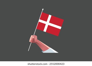 A hand holding a Denmark flag, Flag of Denmark national country symbol illustration Vector, Rectangle Denmark flag illustration, Flat vector illustration
