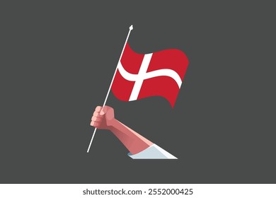 A hand holding a Denmark flag, Flag of Denmark national country symbol illustration Vector, Rectangle Denmark flag illustration, Flat vector illustration
