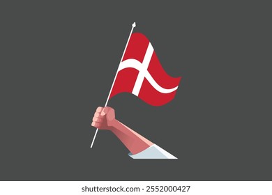 A hand holding a Denmark flag, Flag of Denmark national country symbol illustration Vector, Rectangle Denmark flag illustration, Flat vector illustration
