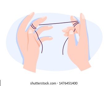 Hand holding dental floss. Equipment for dental hygiene and oral health. Medical tool. Vector illustration in cartoon style