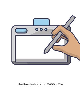 hand holding designer tablet graphic and pen digital