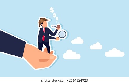 A hand holding a detective with a magnifying glass, illustration of A company sending someone to oversee team performance within the organization