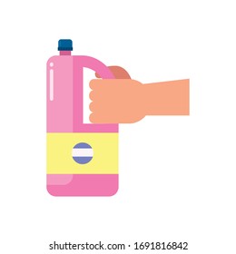 hand holding detergent bottle flat style icon design, Cleaning service wash home hygiene equipment domestic interior housework and housekeeping theme Vector illustration
