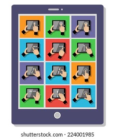 Hand holding device gestures icons set on tablet pc vector illustration