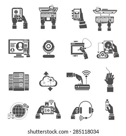 Hand holding it devices icons black set isolated vector illustration