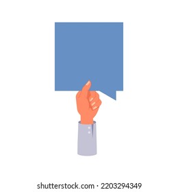 Hand holding dialog or thought bubble with copyspace. Isolated arm with blank sign, feedback or communication, review or expression. Vector in flat cartoon style