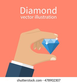 Hand holding diamond. Vector illustration flat design. Diamond in man hand isolated on background. Jewelcrafting.