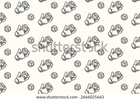 Hand holding dice line art seamless pattern on white background for merchandise. Dice throw hand engraving doodle pattern background. Dice gambling casino hatching motif wallpaper. Vector Illustration