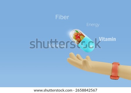 Hand holding dietary supplements capsule with natural healthy fruits and vegetables inside. Supplement foods, pharmaceuticals and vitamin nutrition concept. 