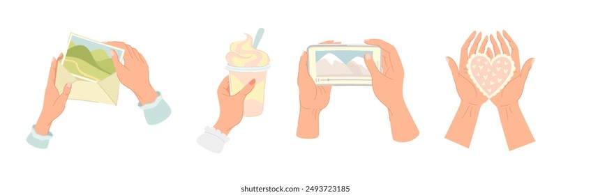 Hand Holding Different Object and Thing Vector Illustration Set