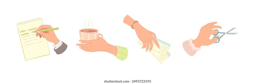 Hand Holding Different Object and Thing Vector Illustration Set