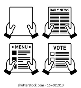 Hand holding different paper sheet icons set