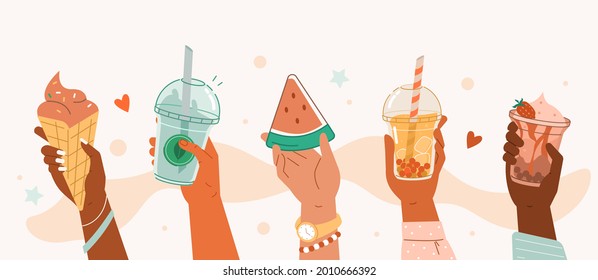 Hand holding different summer sweets and drinks. Bubble tea and smoothie soft drinks, watermelon, ice cream.  Yummy summer food and beverage collection. Flat cartoon vector illustration.