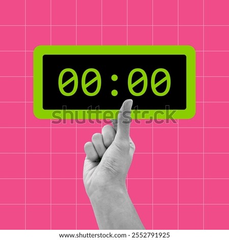 Hand holding digital clock showing 00:00 time, midnight hours. New year countdown timer pop art, flat vector illustration isolated.