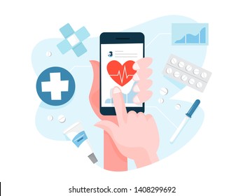 Mano con dispositivo digital y compruebe el estado. Registra latidos en el teléfono móvil. Control del estado de salud. Ilustración vectorial en estilo de caricatura