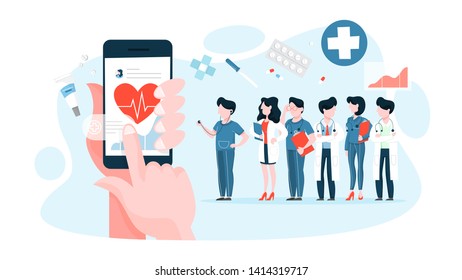 Hand holding digital device and check health. Register heartbeat on the mobile phone. Monitoring health condition. Vector illustration in cartoon style