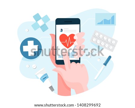 Hand holding digital device and check health. Register heartbeat on the mobile phone. Monitoring health condition. Vector illustration in cartoon style