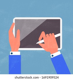 Hand holding digital pen drawing on tablet. Flat design graphics vector illustration