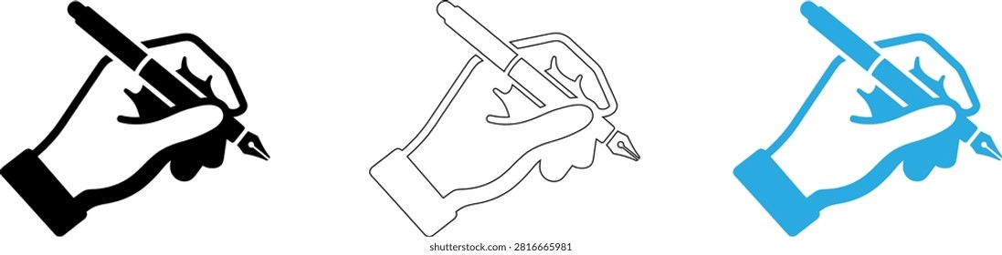 Hand holding digital pen drawing on tablet screen with three style variations isolated on transparent background, Vector