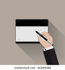 Hand holding digital pen drawing on graphic tablet. Flat design graphics elements. Vector illustration